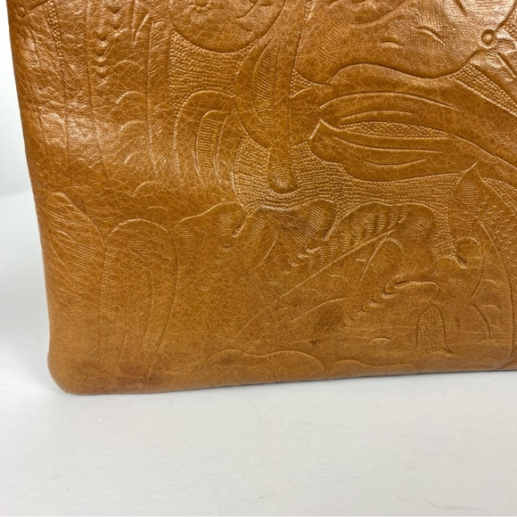 Margot Cognac Brown 100% Leather Large Wristlet Leaf Paisley Pattern 9.75x6 in. - Picture 10 of 12